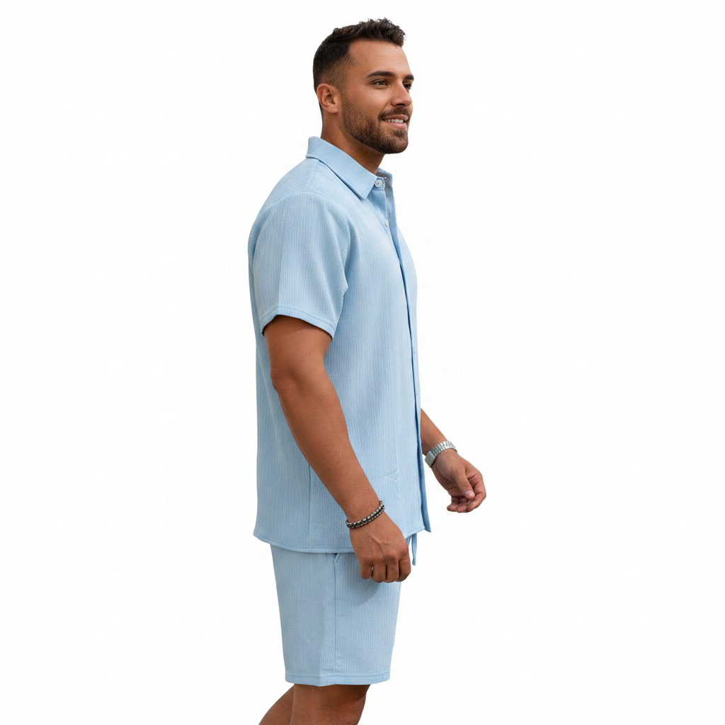 Men’s Ribbed Short Sleeve Button-Up Shirt with Matching Shorts Set 11
