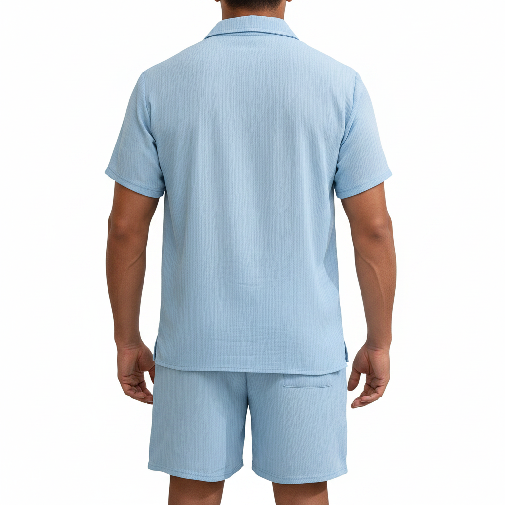Men’s Ribbed Short Sleeve Button-Up Shirt with Matching Shorts Set 9