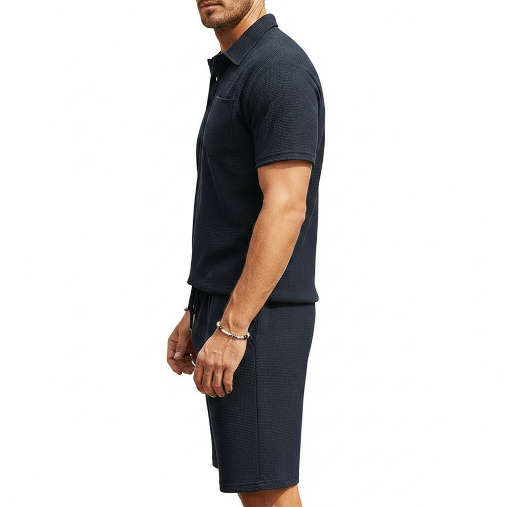 Men’s Textured Polo Shirt with Drawstring Shorts Set 15