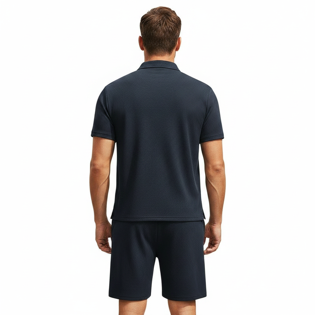 Men’s Textured Polo Shirt with Drawstring Shorts Set 14