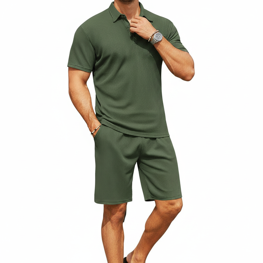 Men’s Textured Polo Shirt with Drawstring Shorts Set 9
