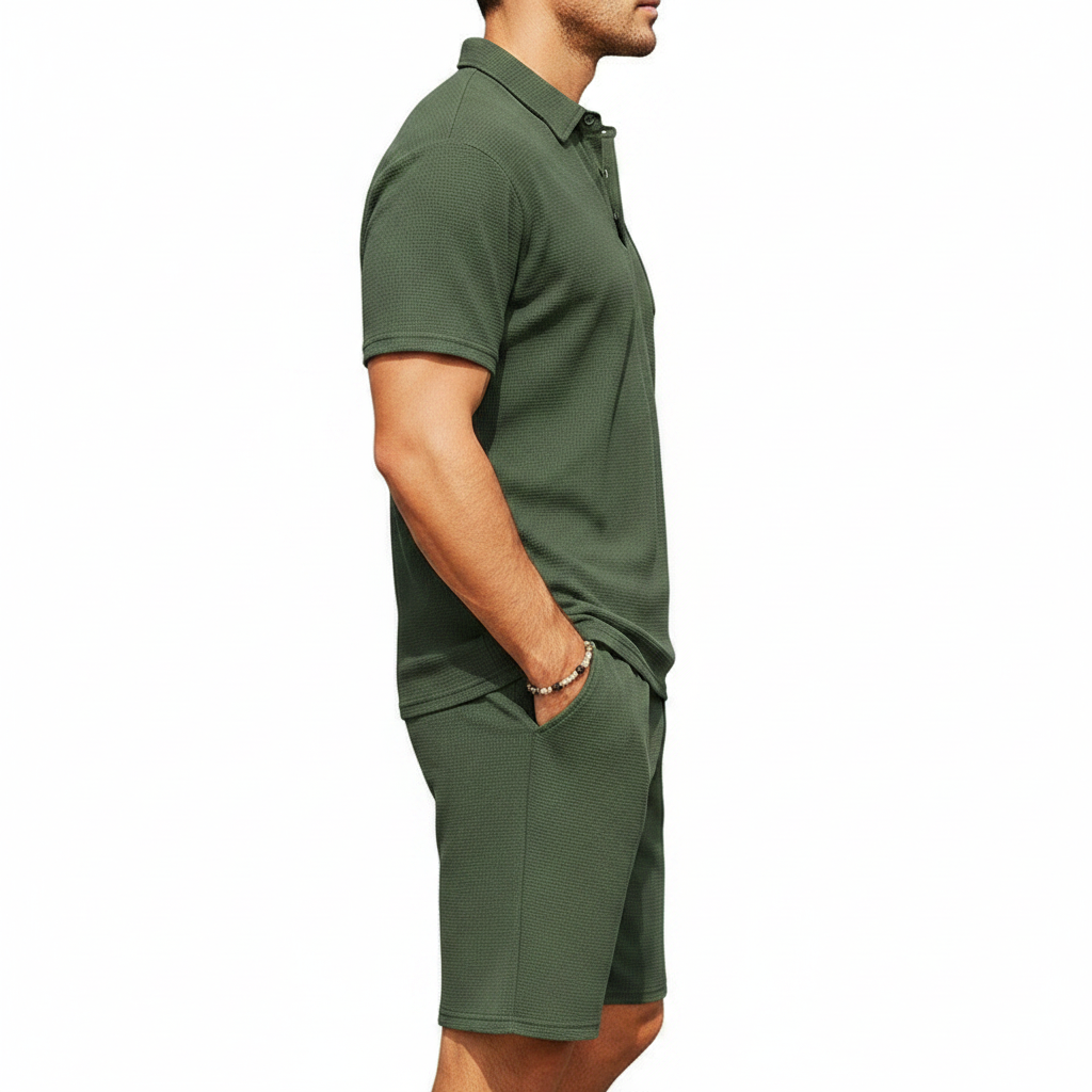 Men’s Textured Polo Shirt with Drawstring Shorts Set 12
