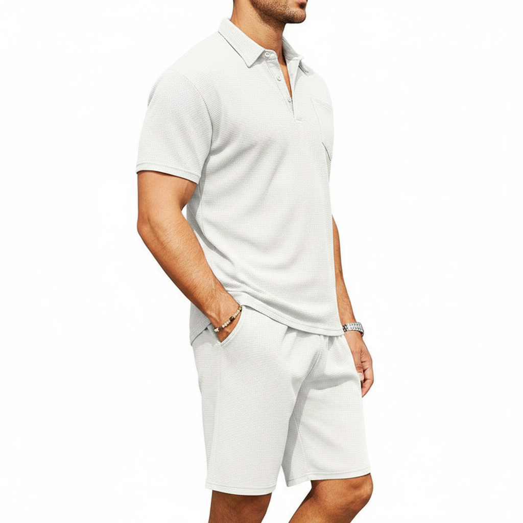 Men’s Textured Polo Shirt with Drawstring Shorts Set 7