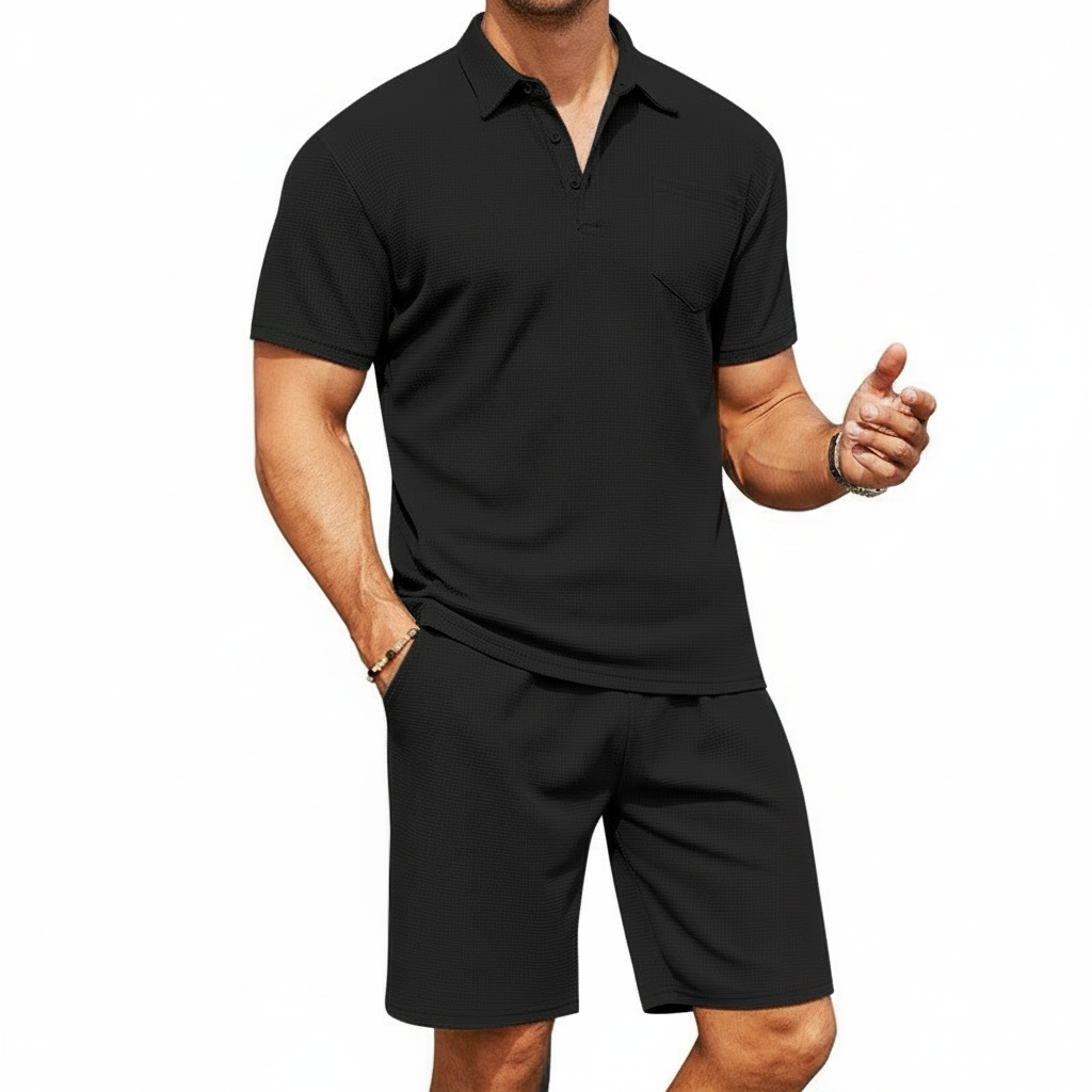 Men’s Textured Polo Shirt with Drawstring Shorts Set