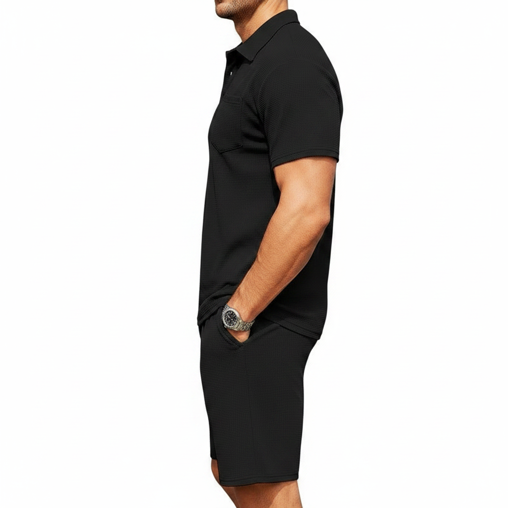 Men’s Textured Polo Shirt with Drawstring Shorts Set