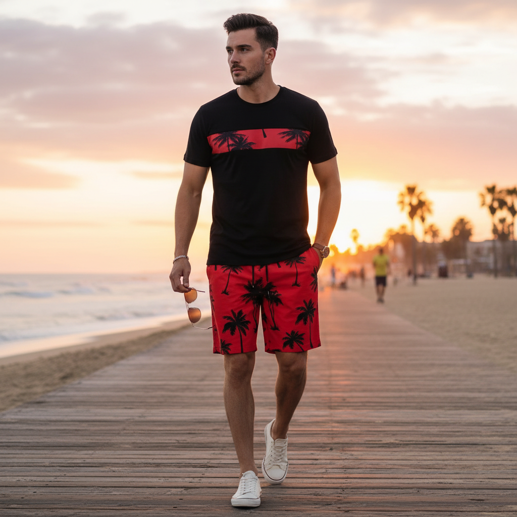 Men’s Palm Tree Print T-Shirt with Drawstring Shorts Set 8
