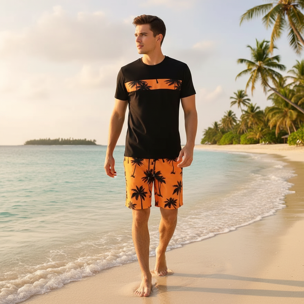 Men’s Palm Tree Print T-Shirt with Drawstring Shorts Set 24