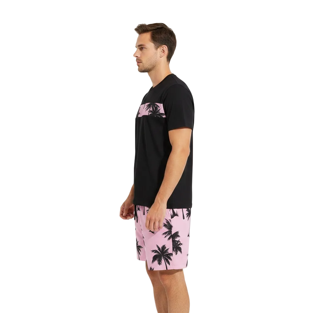 Men’s Palm Tree Print T-Shirt with Drawstring Shorts Set 19