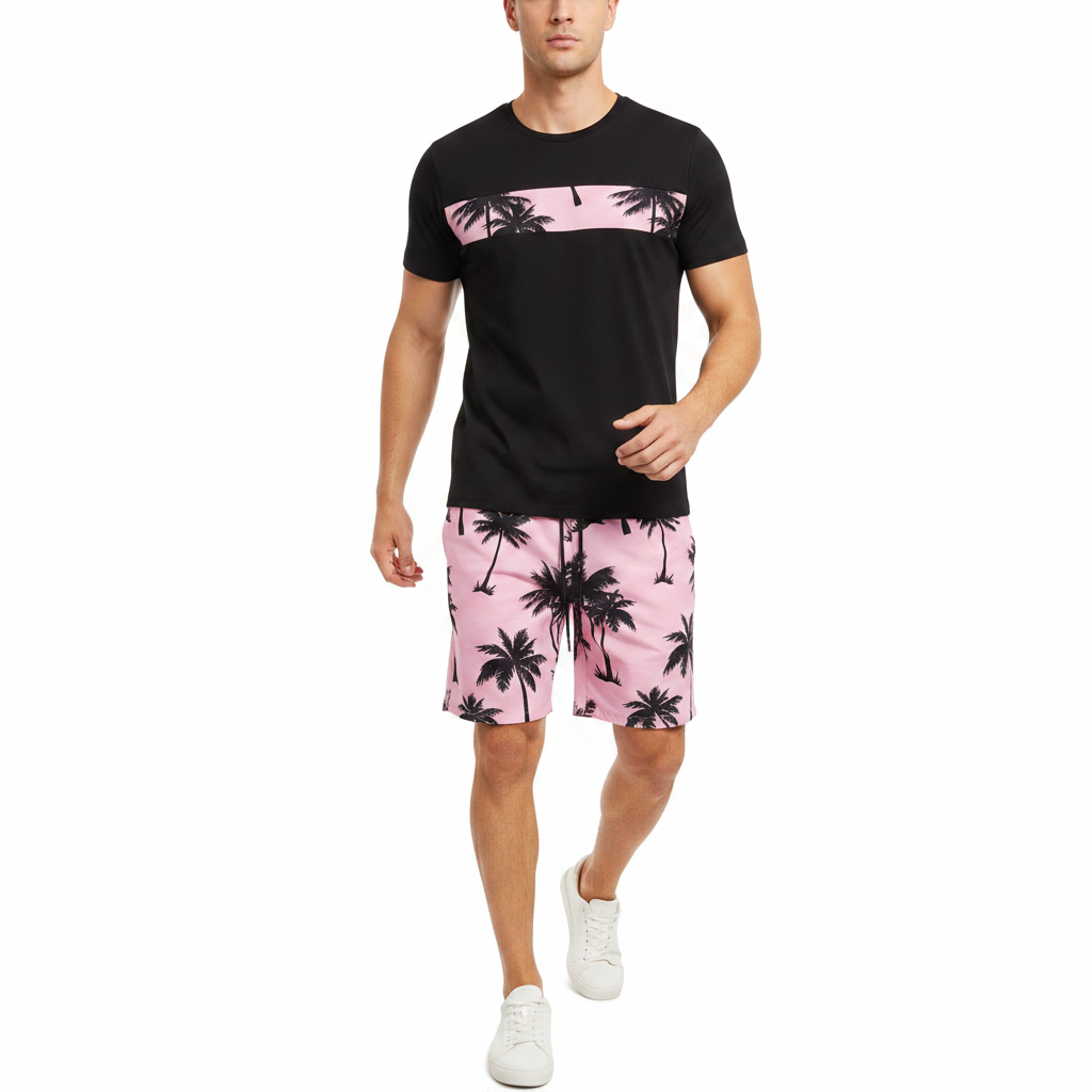 Men’s Palm Tree Print T-Shirt with Drawstring Shorts Set 17