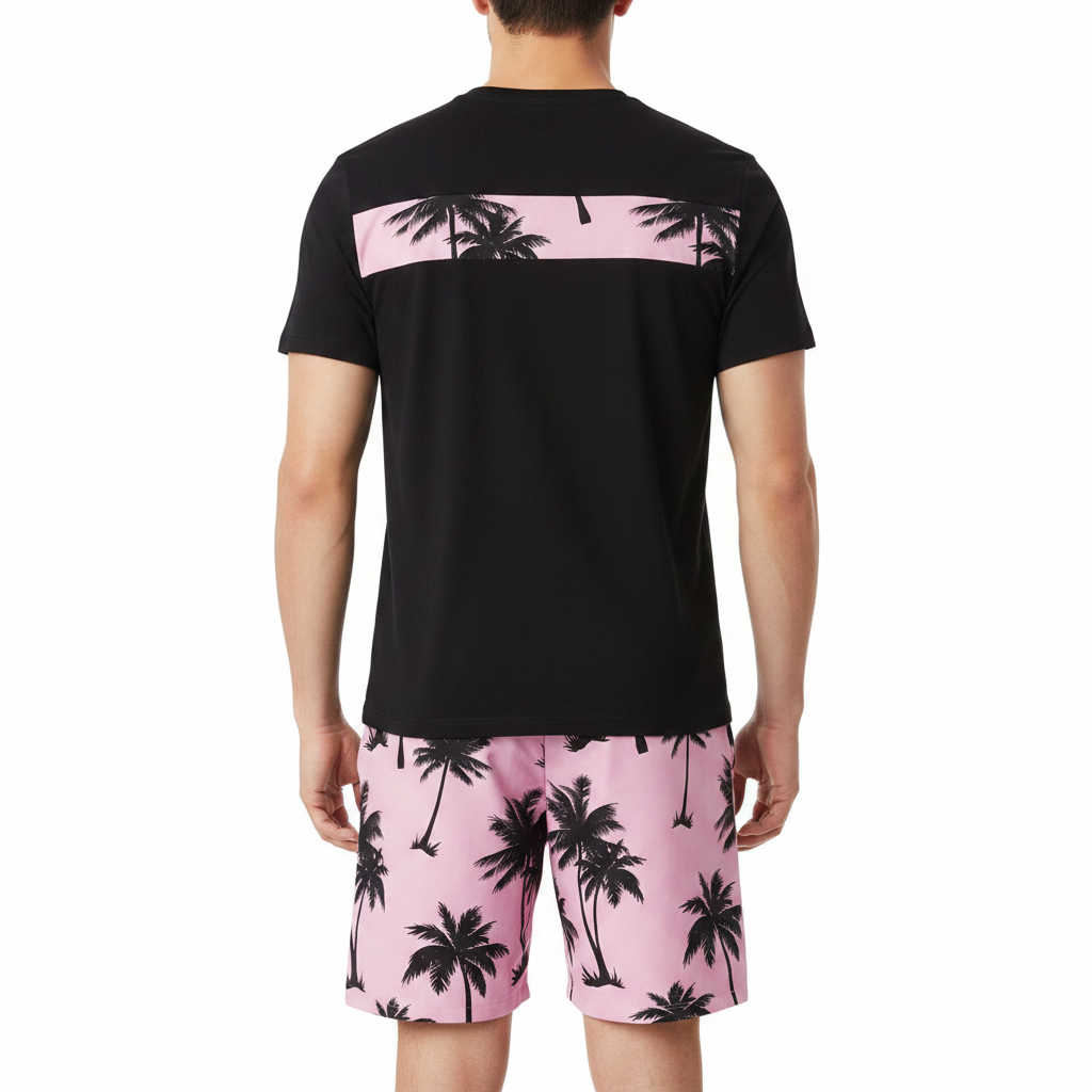 Men’s Palm Tree Print T-Shirt with Drawstring Shorts Set 18