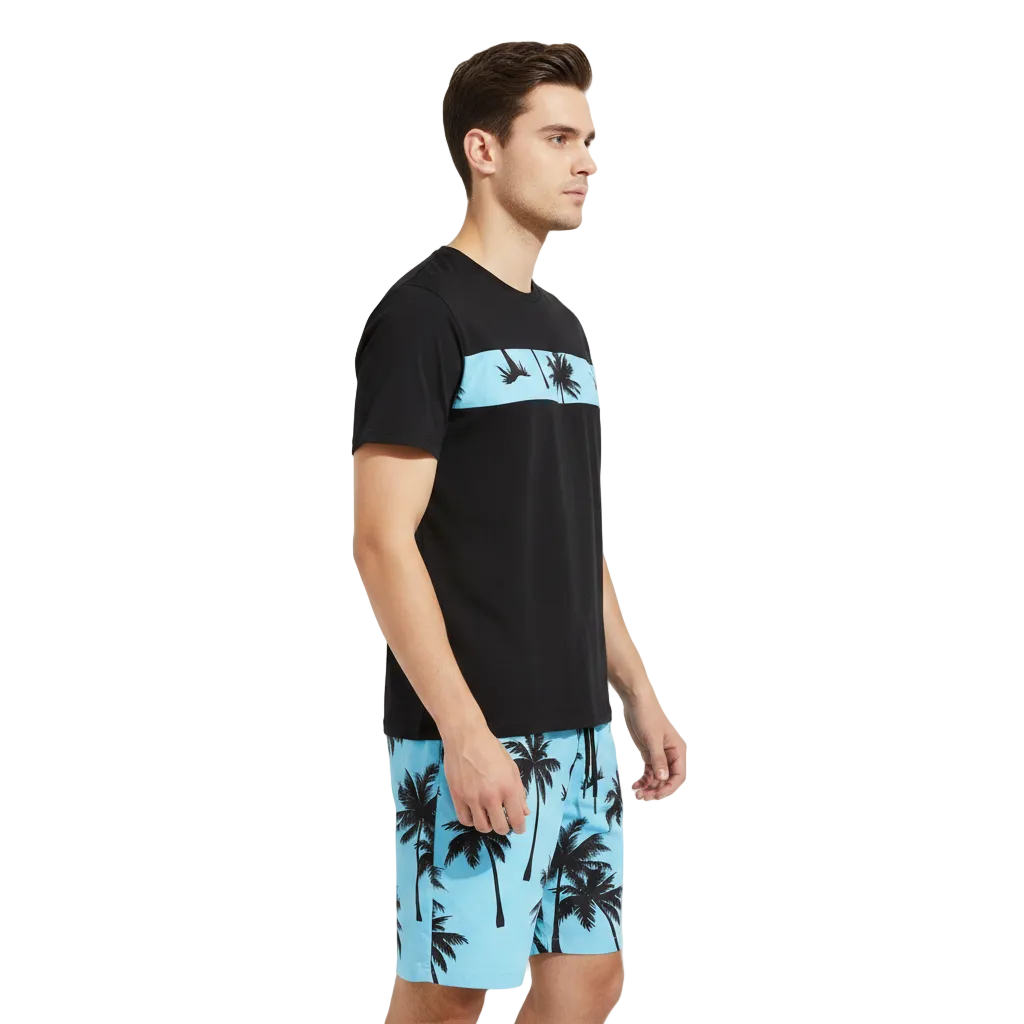 Men’s Palm Tree Print T-Shirt with Drawstring Shorts Set 15