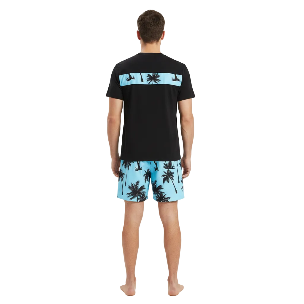 Men’s Palm Tree Print T-Shirt with Drawstring Shorts Set 14