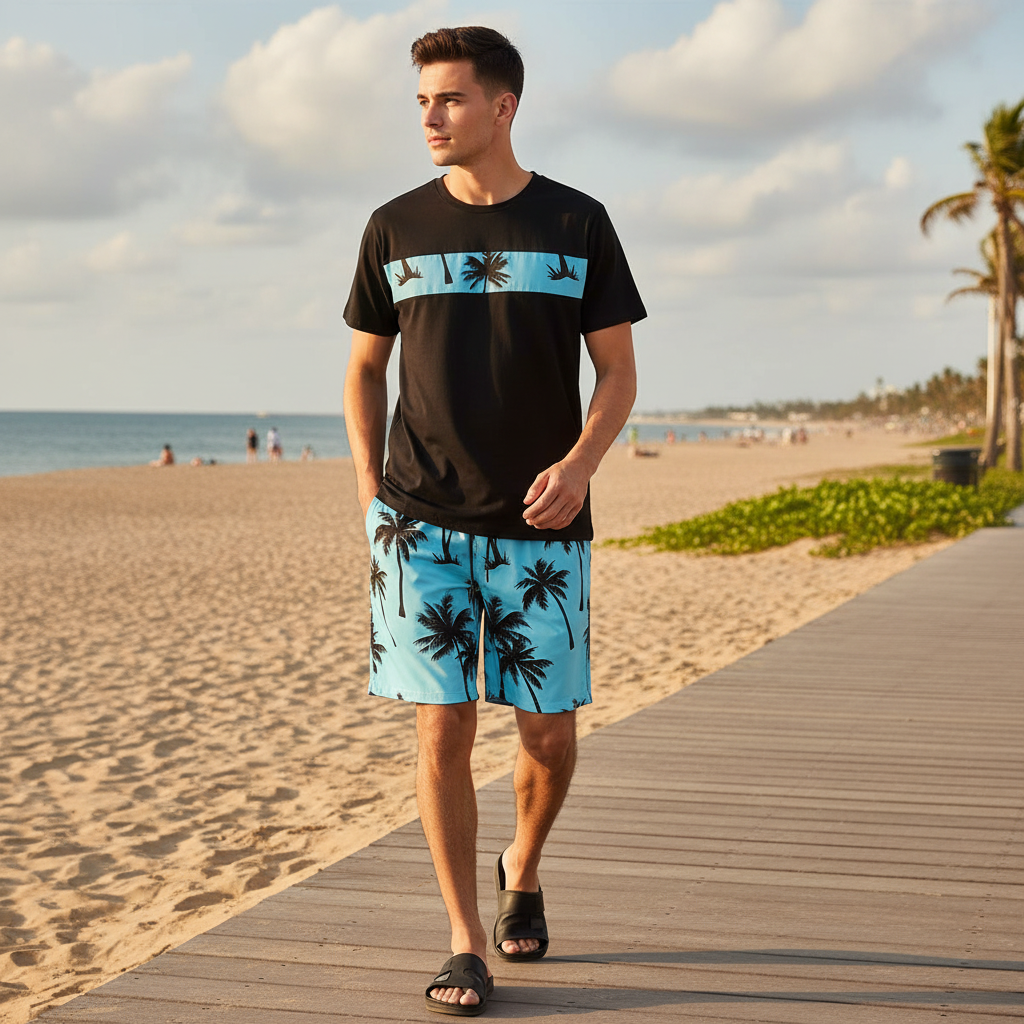 Men’s Palm Tree Print T-Shirt with Drawstring Shorts Set 12
