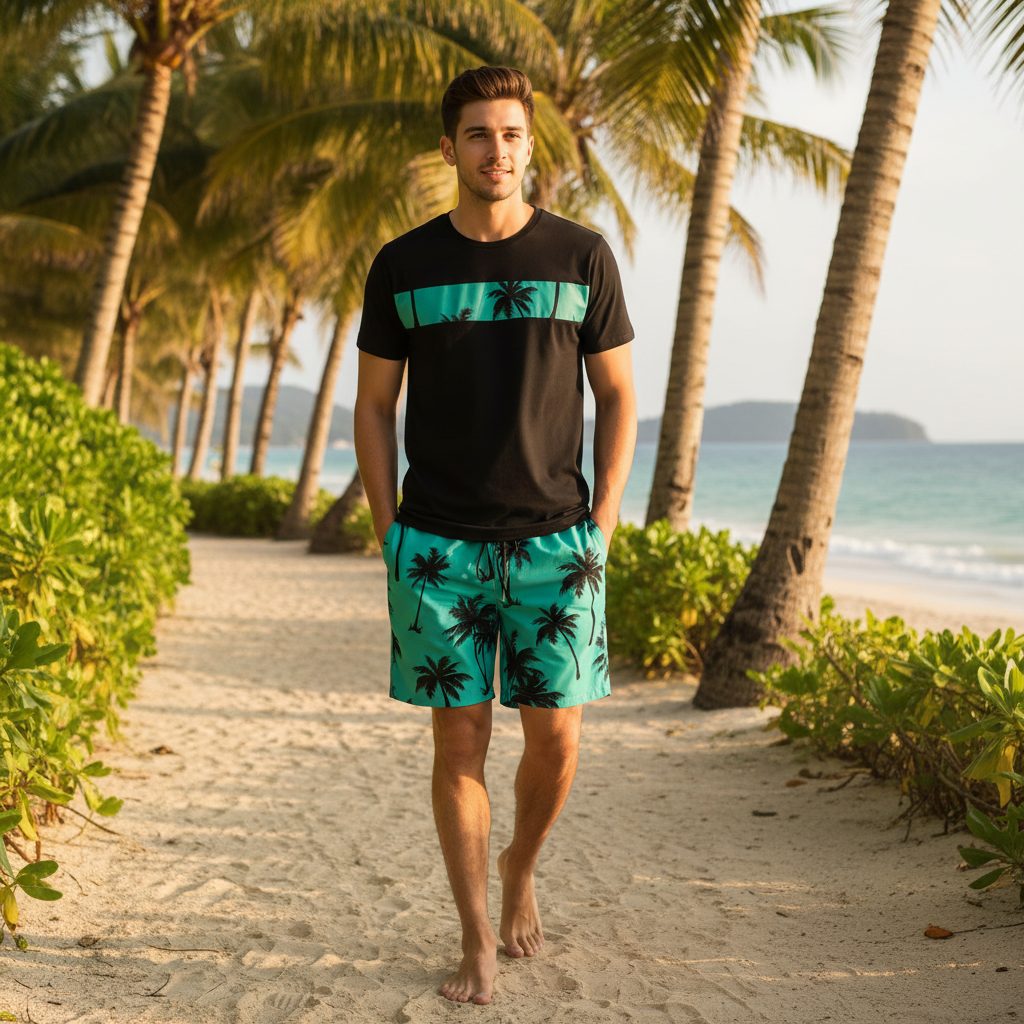 Men’s Palm Tree Print T-Shirt with Drawstring Shorts Set 16