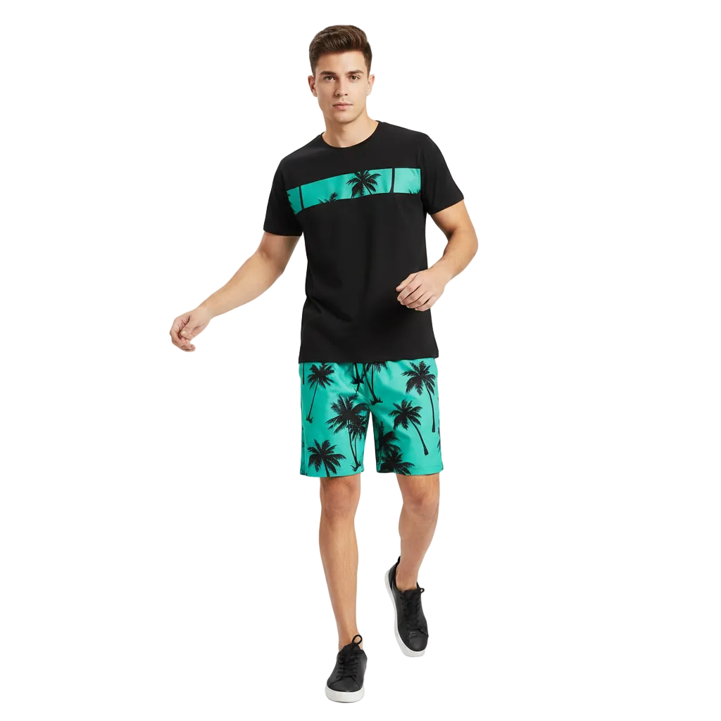 Men’s Palm Tree Print T-Shirt with Drawstring Shorts Set 9