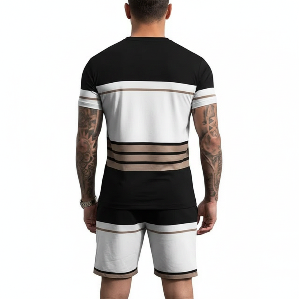 Men’s Block Short Sleeve T-Shirt and Shorts Set with Stripe Detail 6