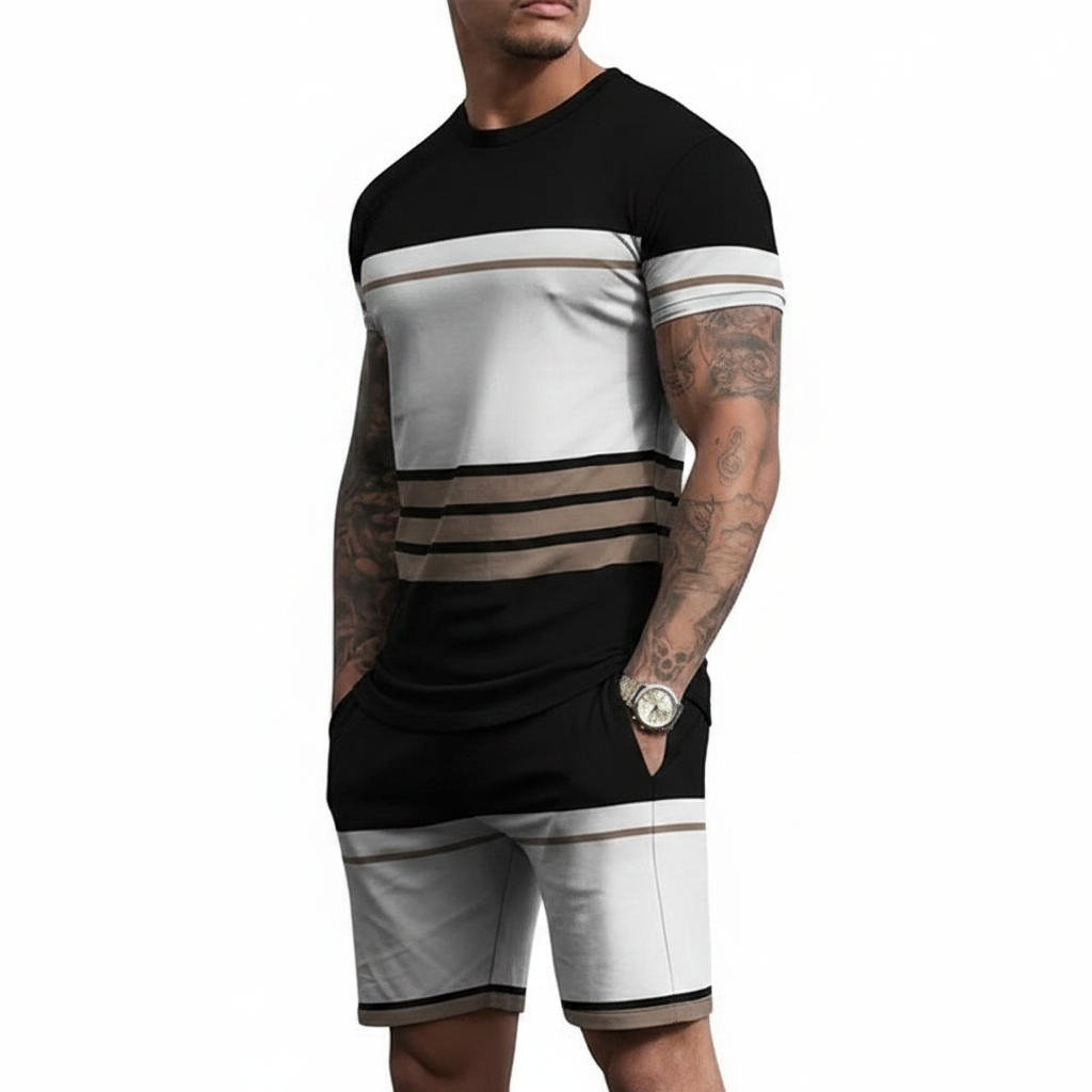 Men’s Block Short Sleeve T-Shirt and Shorts Set with Stripe Detail