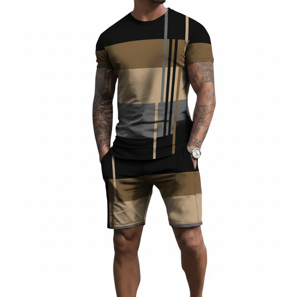 Men’s Block Short Sleeve T-Shirt and Shorts Set with Stripe Detail 25