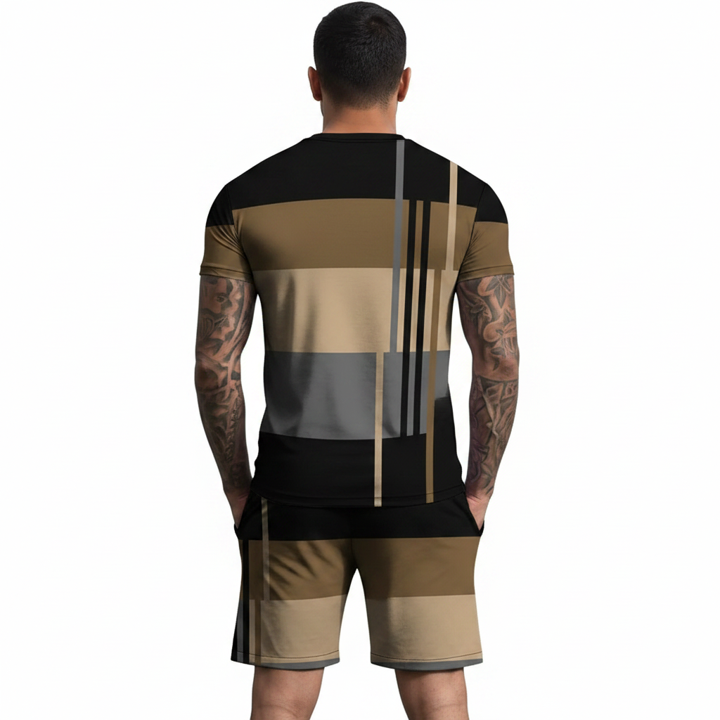 Men’s Block Short Sleeve T-Shirt and Shorts Set with Stripe Detail 24