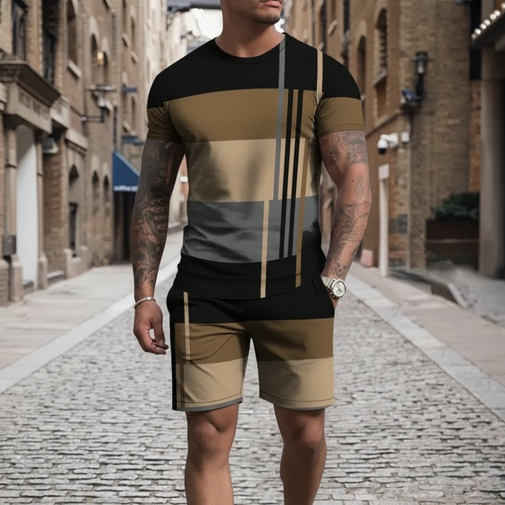 Men’s Block Short Sleeve T-Shirt and Shorts Set with Stripe Detail 26