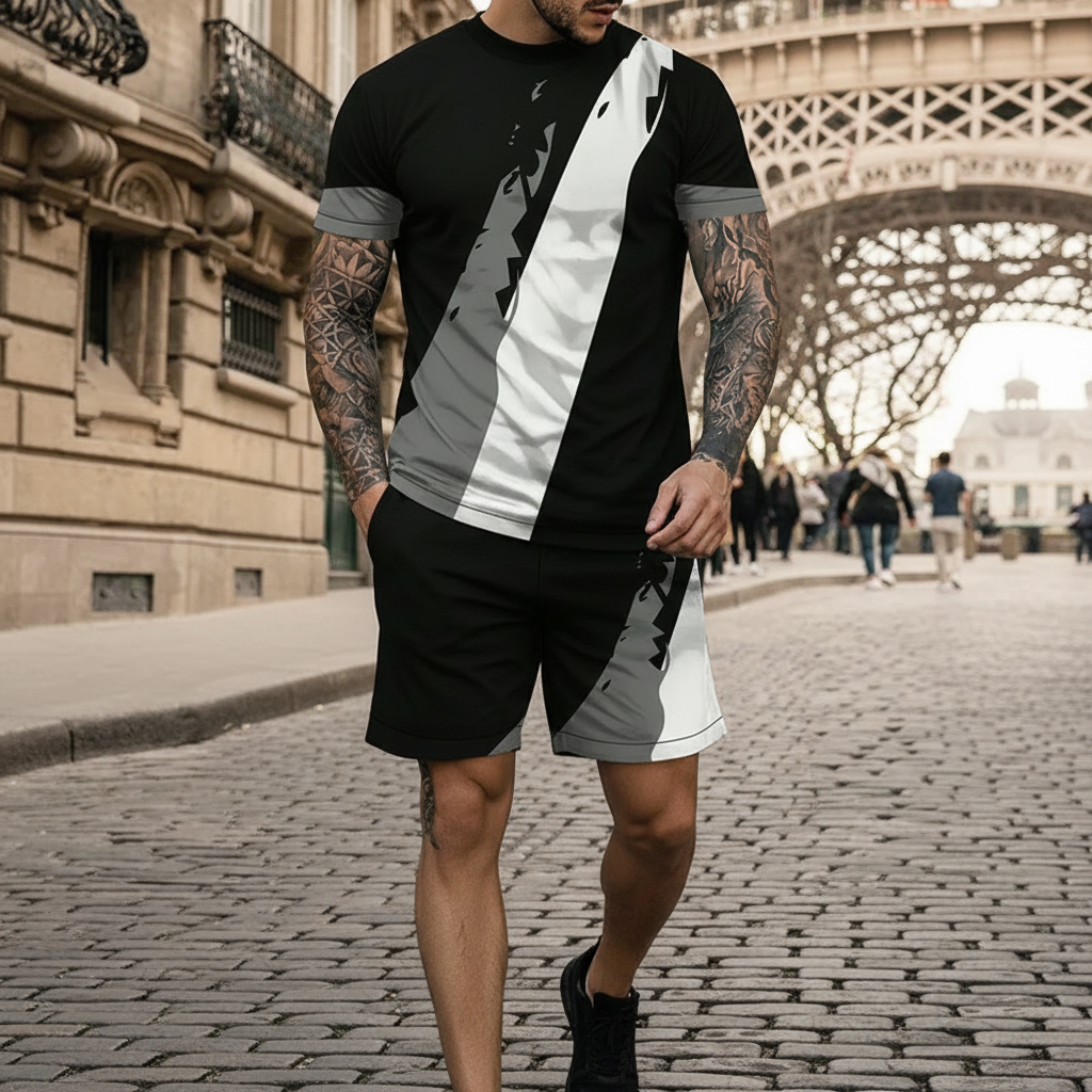 Men’s Block Short Sleeve T-Shirt and Shorts Set with Stripe Detail 23