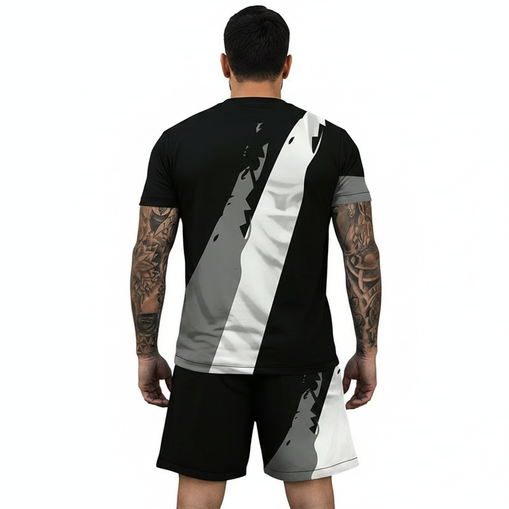 Men’s Block Short Sleeve T-Shirt and Shorts Set with Stripe Detail 22