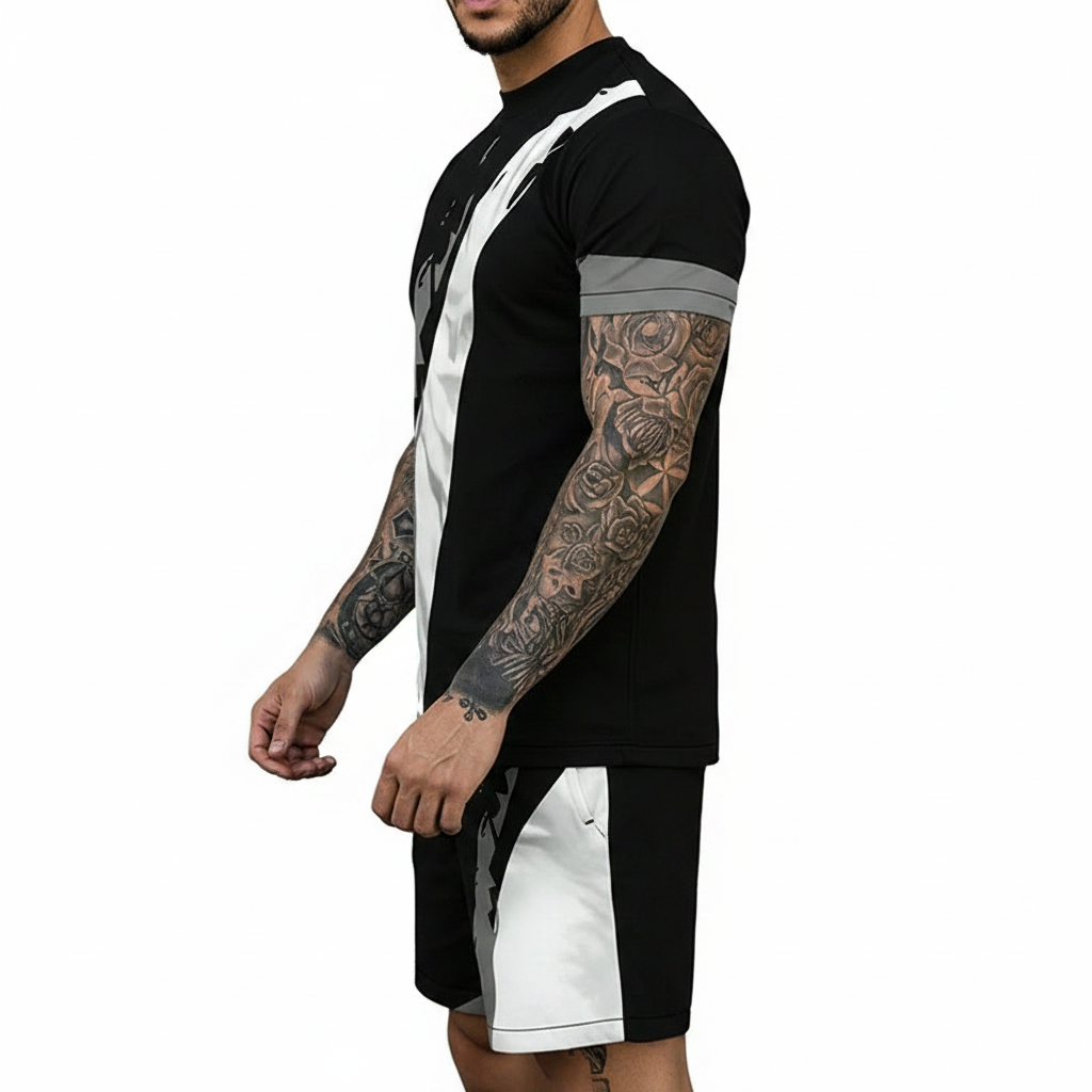 Men’s Block Short Sleeve T-Shirt and Shorts Set with Stripe Detail 21