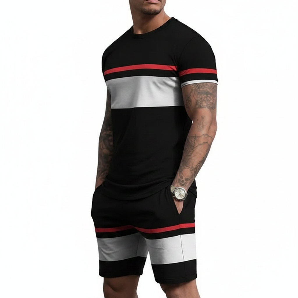 Men’s Block Short Sleeve T-Shirt and Shorts Set with Stripe Detail 18