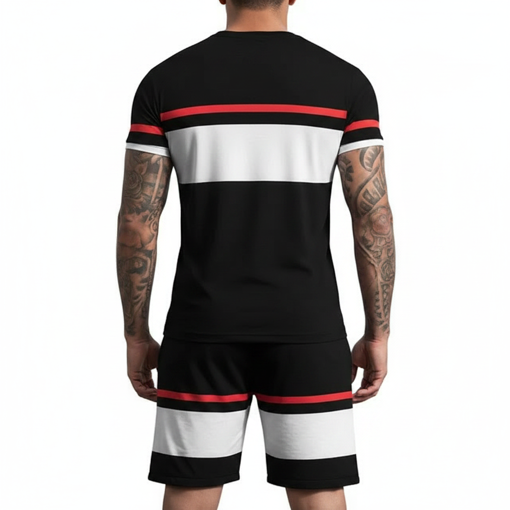 Men’s Block Short Sleeve T-Shirt and Shorts Set with Stripe Detail 17