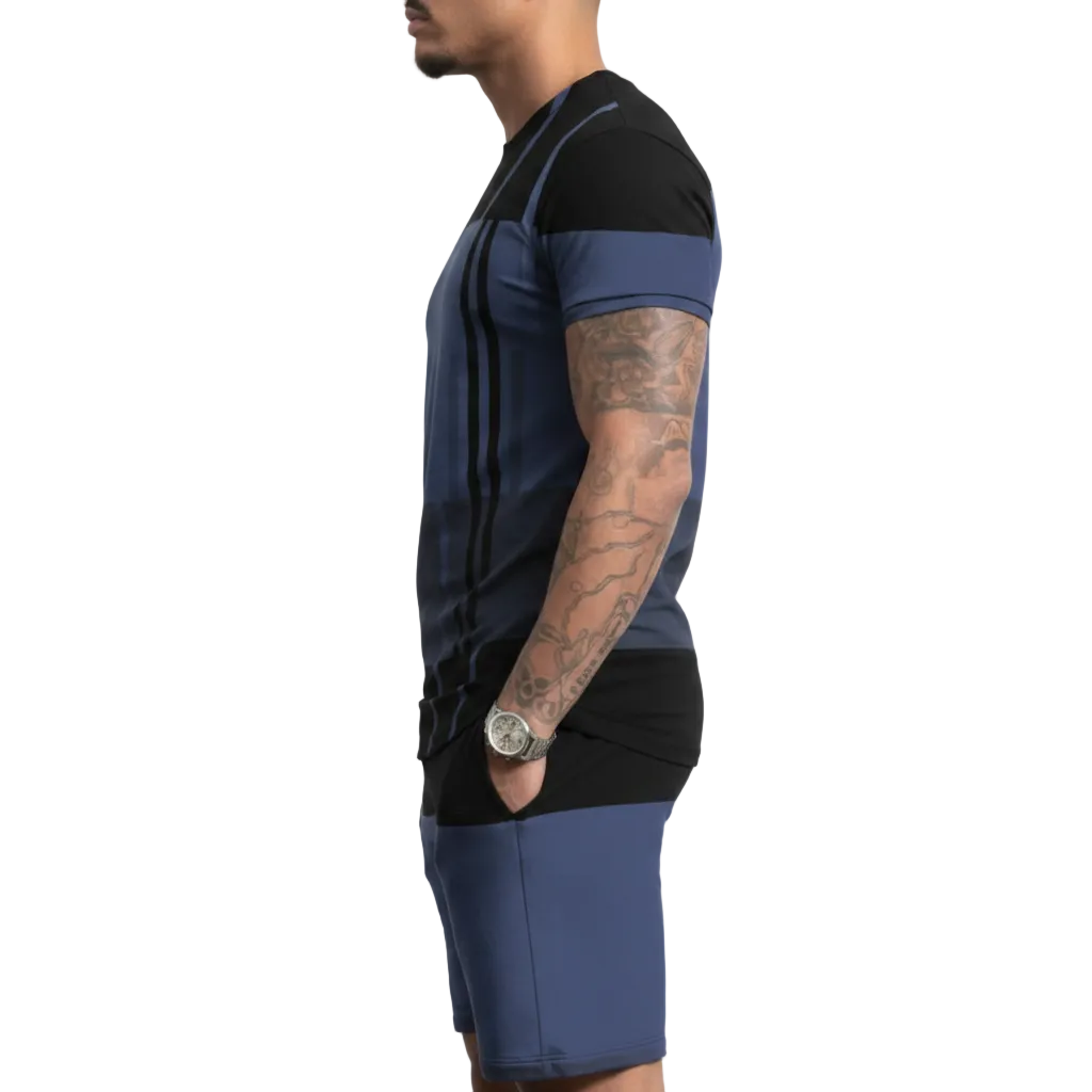 Men’s Block Short Sleeve T-Shirt and Shorts Set with Stripe Detail 13