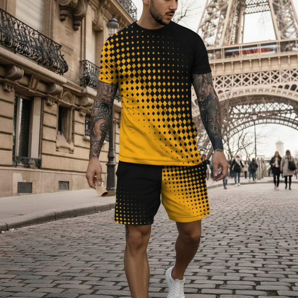 Men’s Block Short Sleeve T-Shirt and Shorts Set with Stripe Detail 11