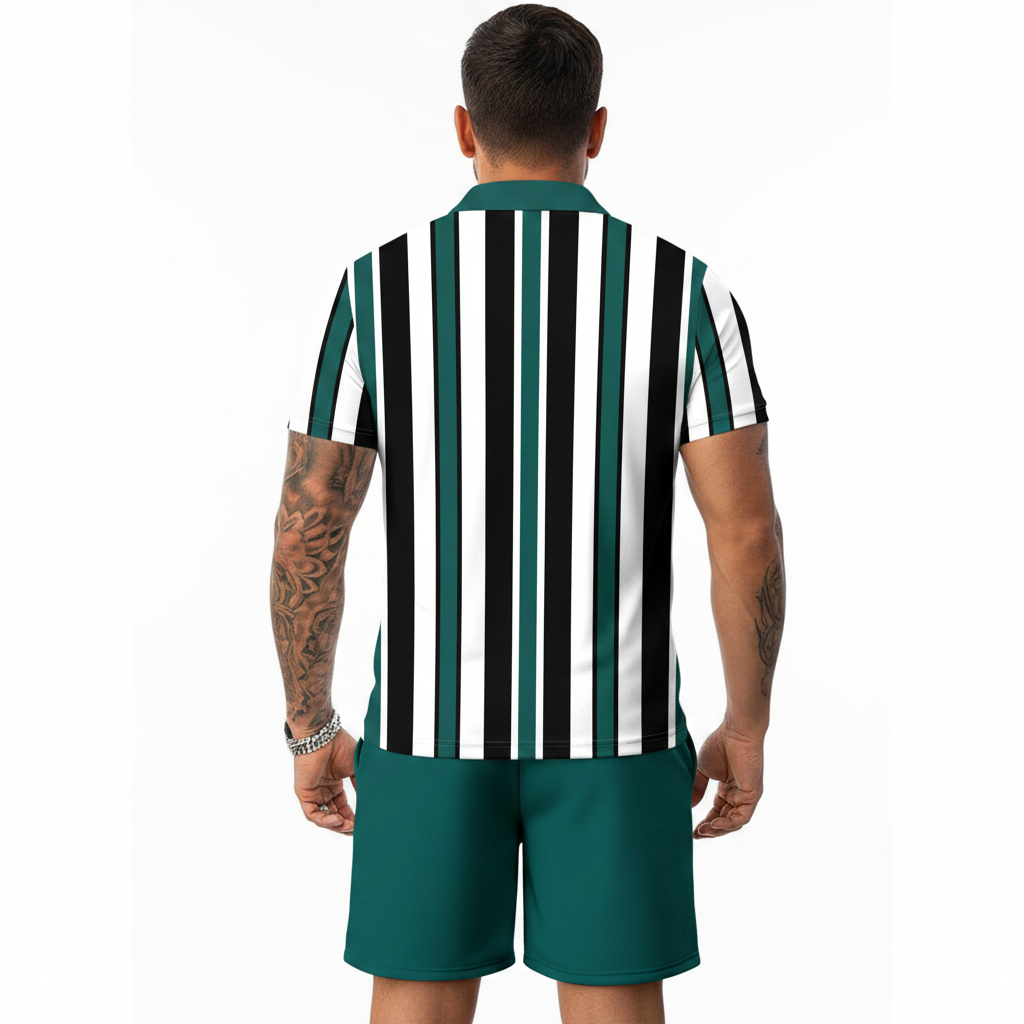Men’s Green and Black Vertical Stripe Zip Polo Shirt and Shorts Set 6