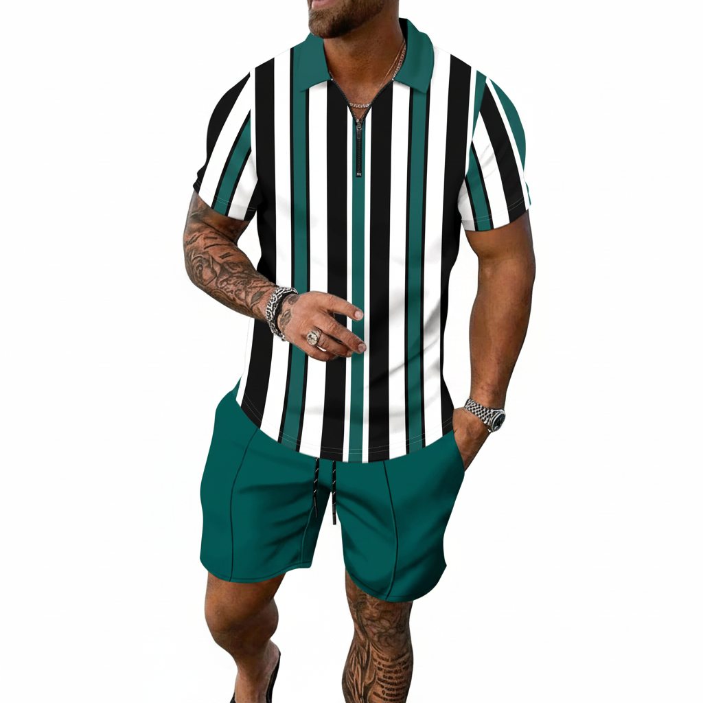 Men’s Green and Black Vertical Stripe Zip Polo Shirt and Shorts Set