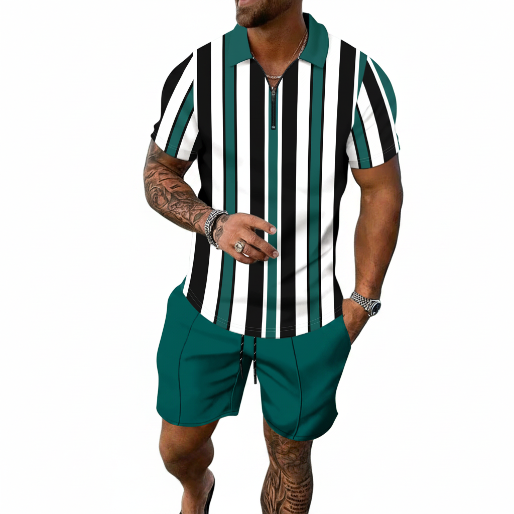 Men’s Green and Black Vertical Stripe Zip Polo Shirt and Shorts Set 7