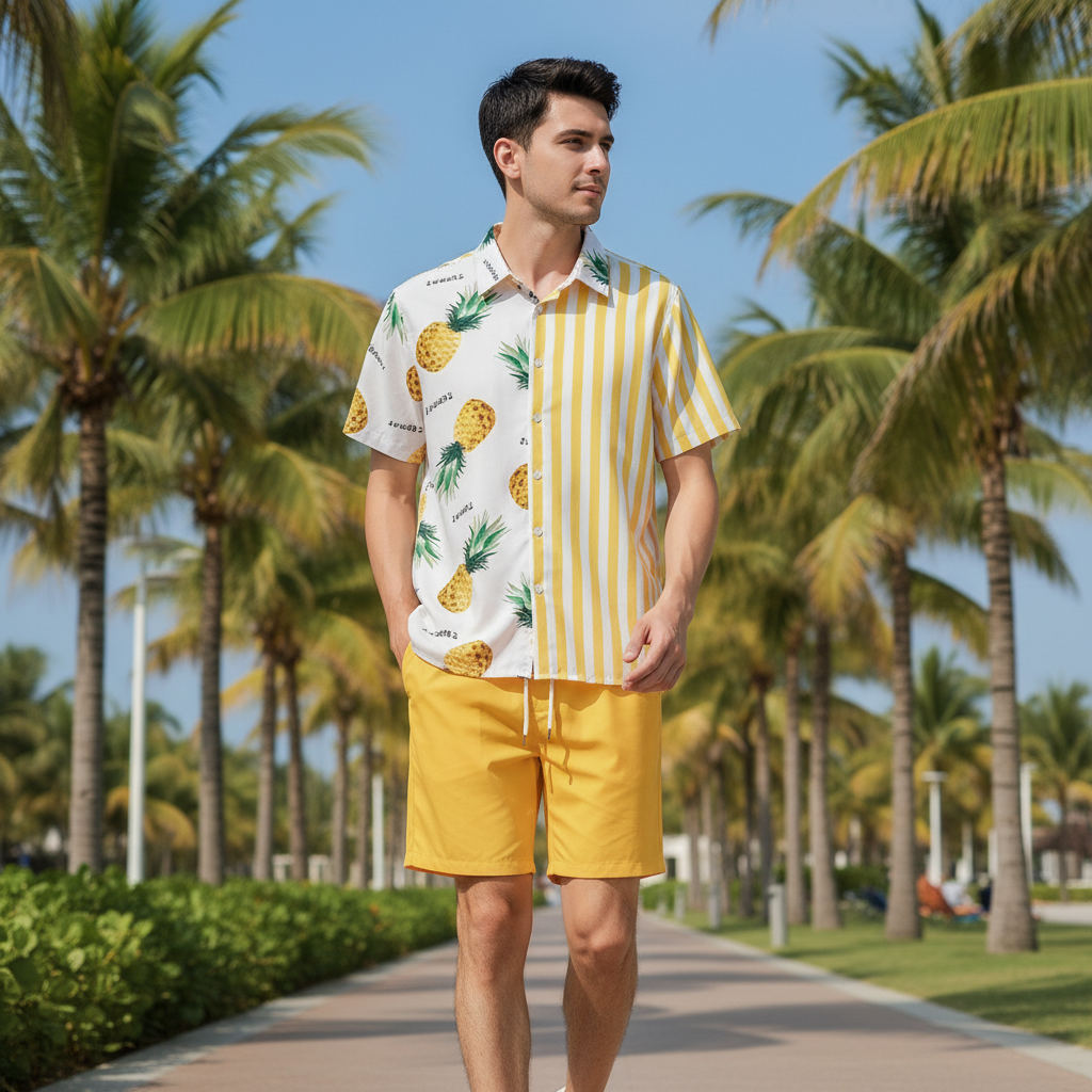 Men’s Summer Casual Wear Sleeve Button-Up Shirt Shorts Set 8