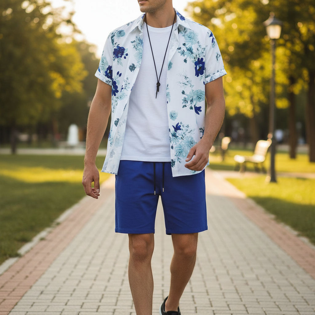 Men’s Summer Casual Wear Sleeve Button-Up Shirt Shorts Set 28
