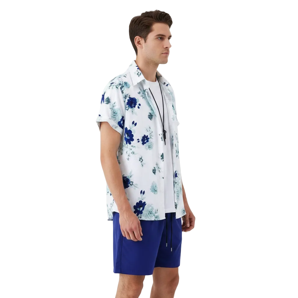 Men’s Summer Casual Wear Sleeve Button-Up Shirt Shorts Set 26