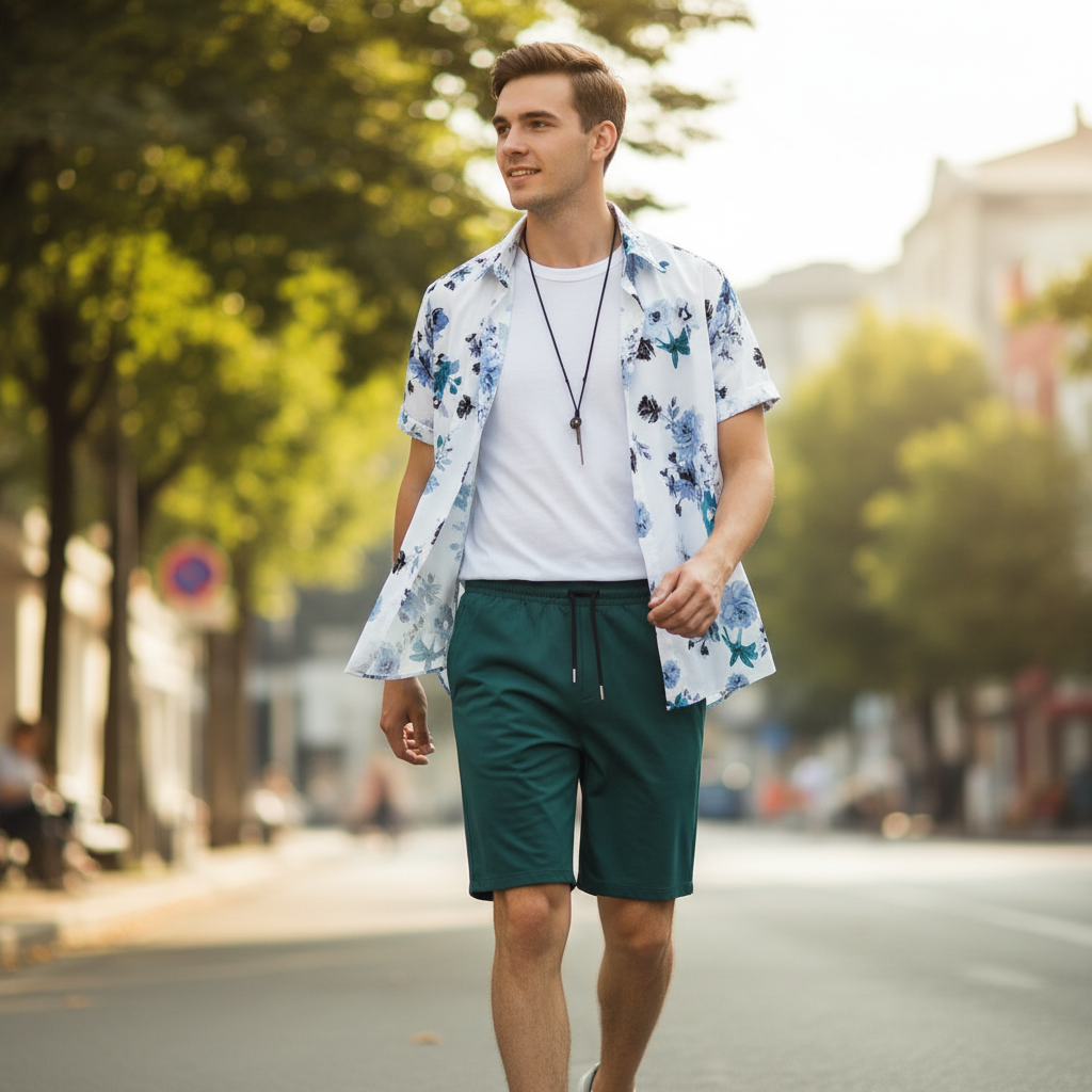 Men’s Summer Casual Wear Sleeve Button-Up Shirt Shorts Set 24