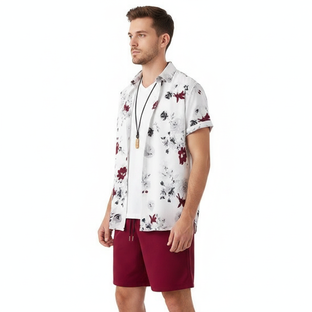 Men’s Summer Casual Wear Sleeve Button-Up Shirt Shorts Set 19