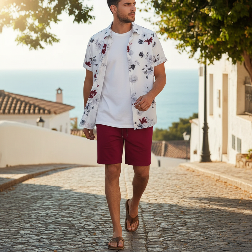 Men’s Summer Casual Wear Sleeve Button-Up Shirt Shorts Set 20