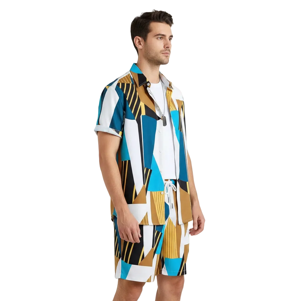 Men’s Summer Casual Wear Sleeve Button-Up Shirt Shorts Set 15