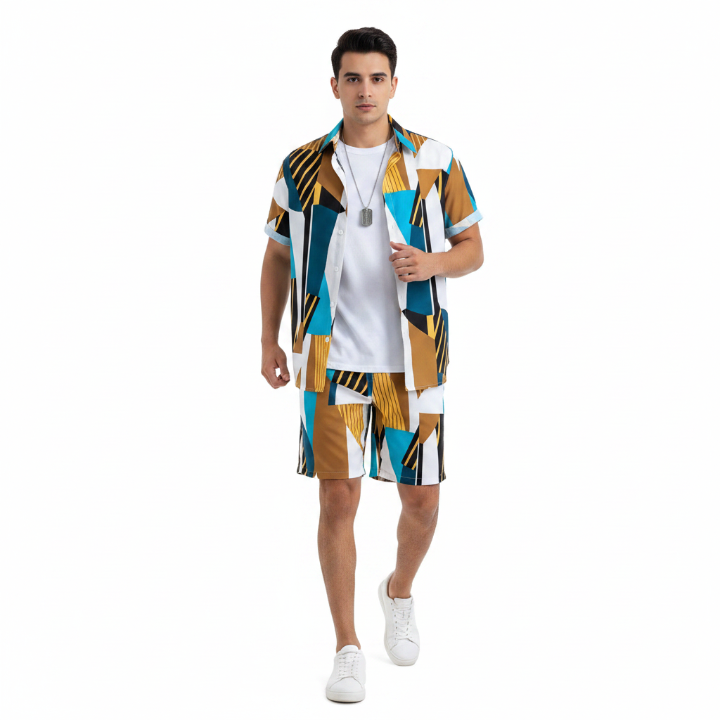 Men’s Summer Casual Wear Sleeve Button-Up Shirt Shorts Set 13