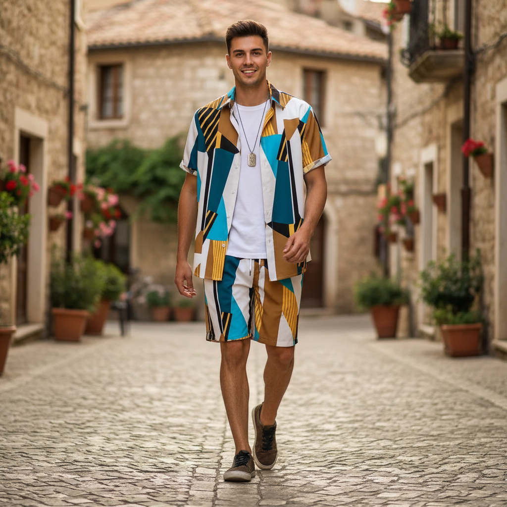 Men’s Summer Casual Wear Sleeve Button-Up Shirt Shorts Set 16