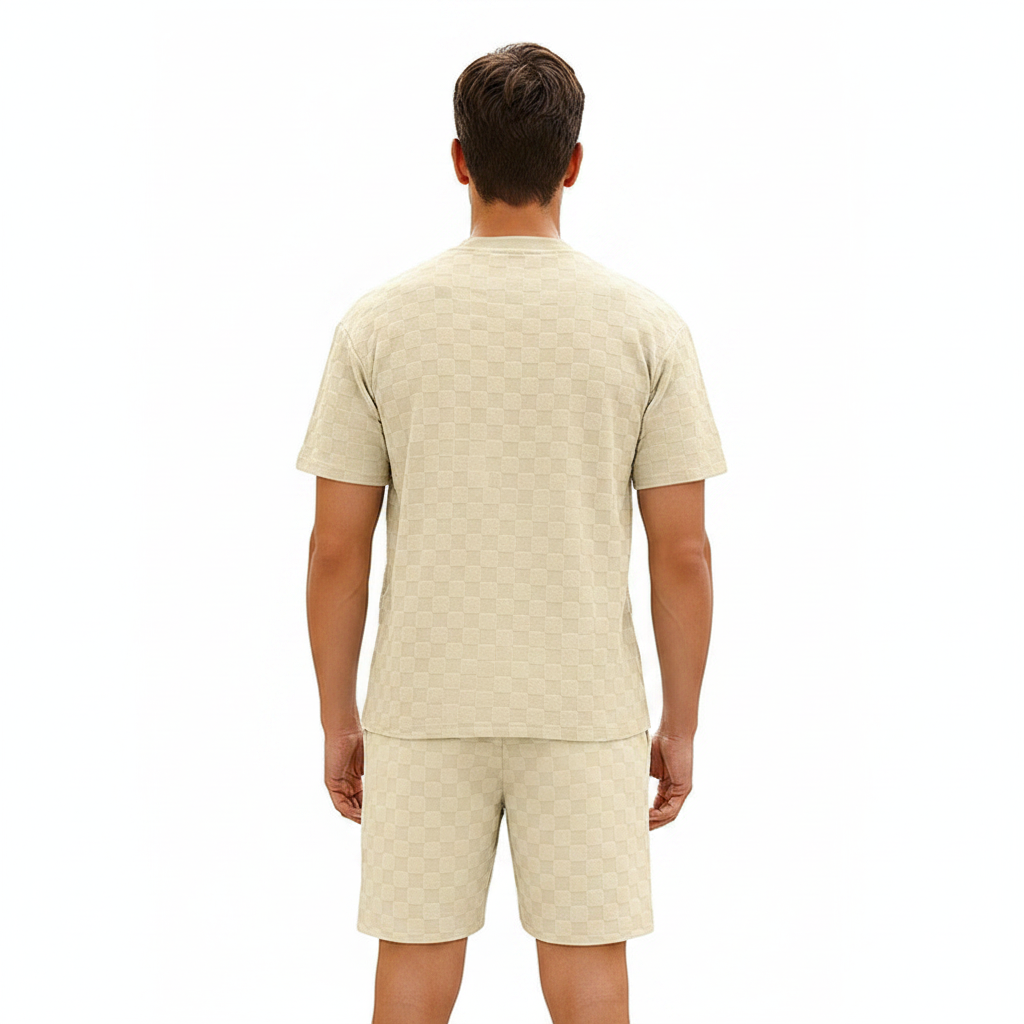 Men’s Gray Textured Checkered Short Sleeve T-Shirt and Drawstring Shorts Set 8