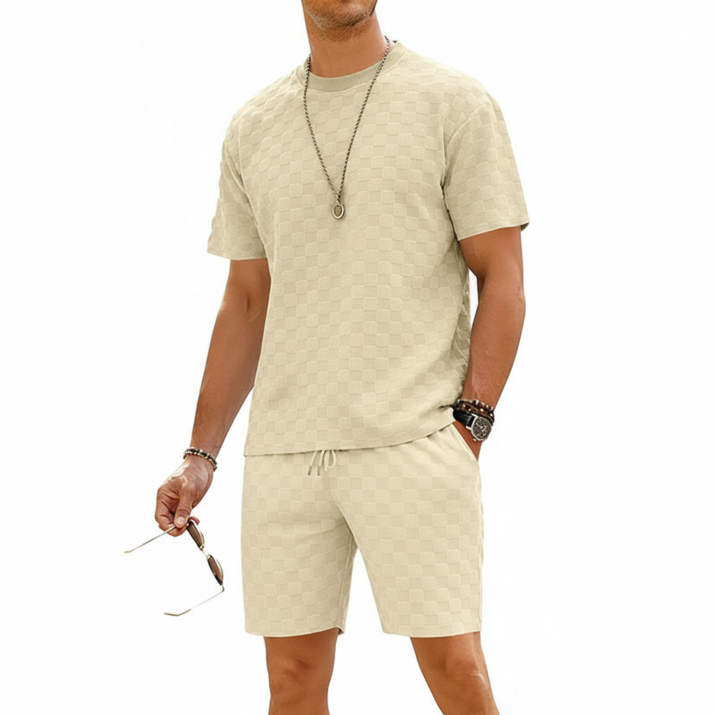 Men’s Gray Textured Checkered Short Sleeve T-Shirt and Drawstring Shorts Set 9