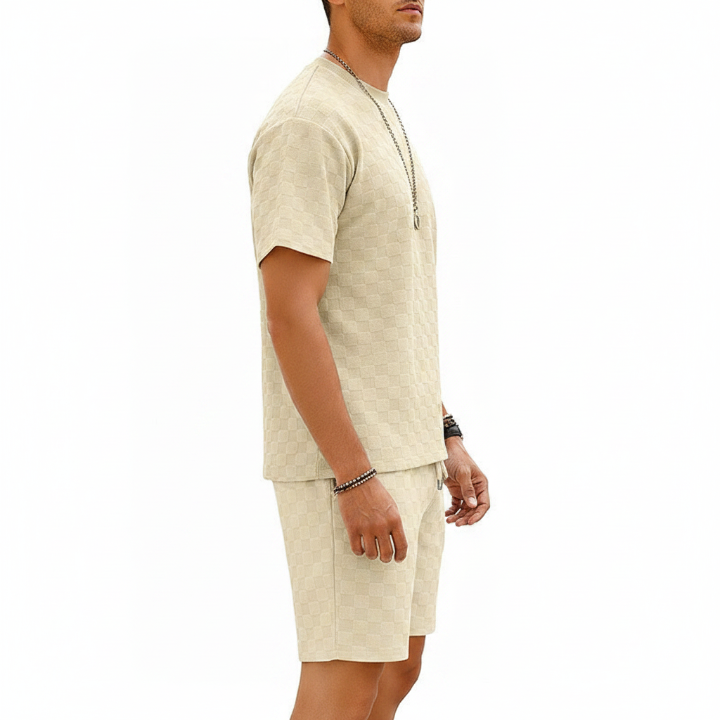 Men’s Gray Textured Checkered Short Sleeve T-Shirt and Drawstring Shorts Set 7