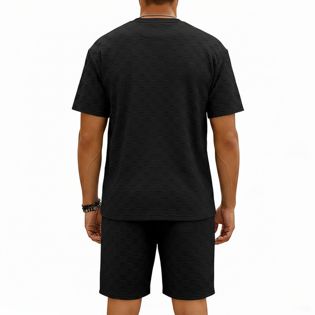 Men’s Gray Textured Checkered Short Sleeve T-Shirt and Drawstring Shorts Set 19