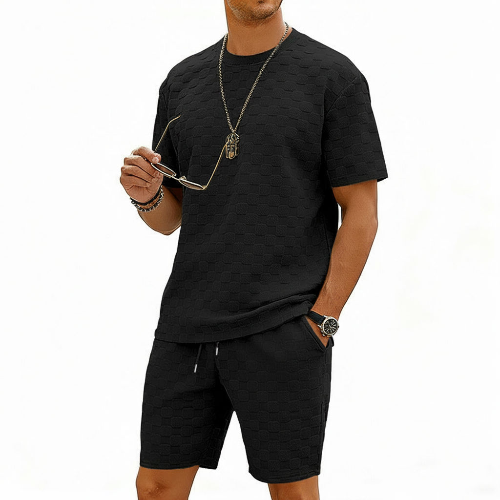 Men’s Gray Textured Checkered Short Sleeve T-Shirt and Drawstring Shorts Set 17