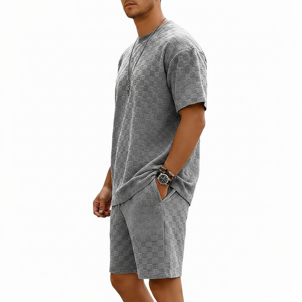 Men’s Gray Textured Checkered Short Sleeve T-Shirt and Drawstring Shorts Set 11