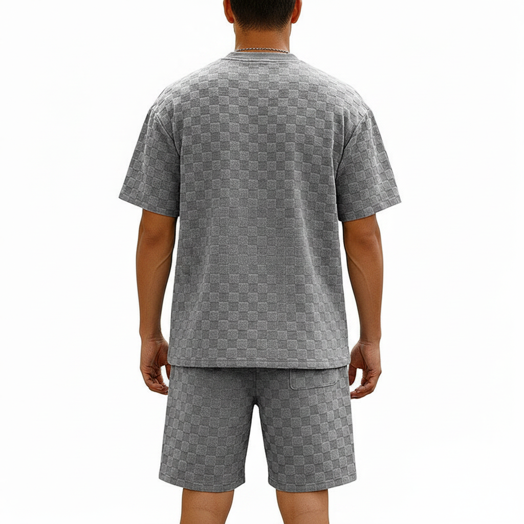 Men’s Gray Textured Checkered Short Sleeve T-Shirt and Drawstring Shorts Set 12